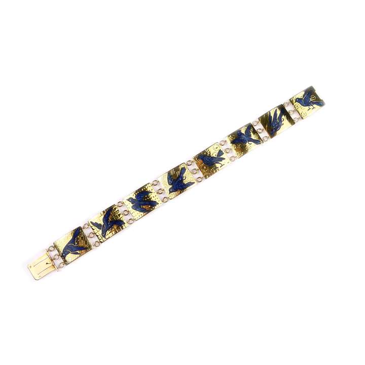 Gold and blue enamel panel bracelet